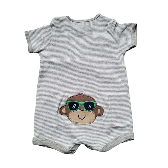 Carters Infant Boys Gray Striped Monkey Shortie Romper Baby Bodysuit Outfit - Picture 9 of 9